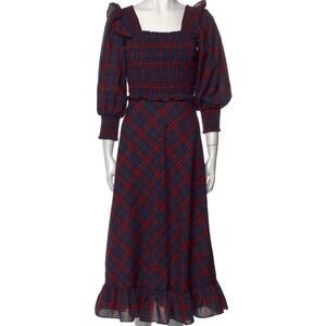 HUNTER BELL Blue and Red Midi Sundress with Bishop Sleeves